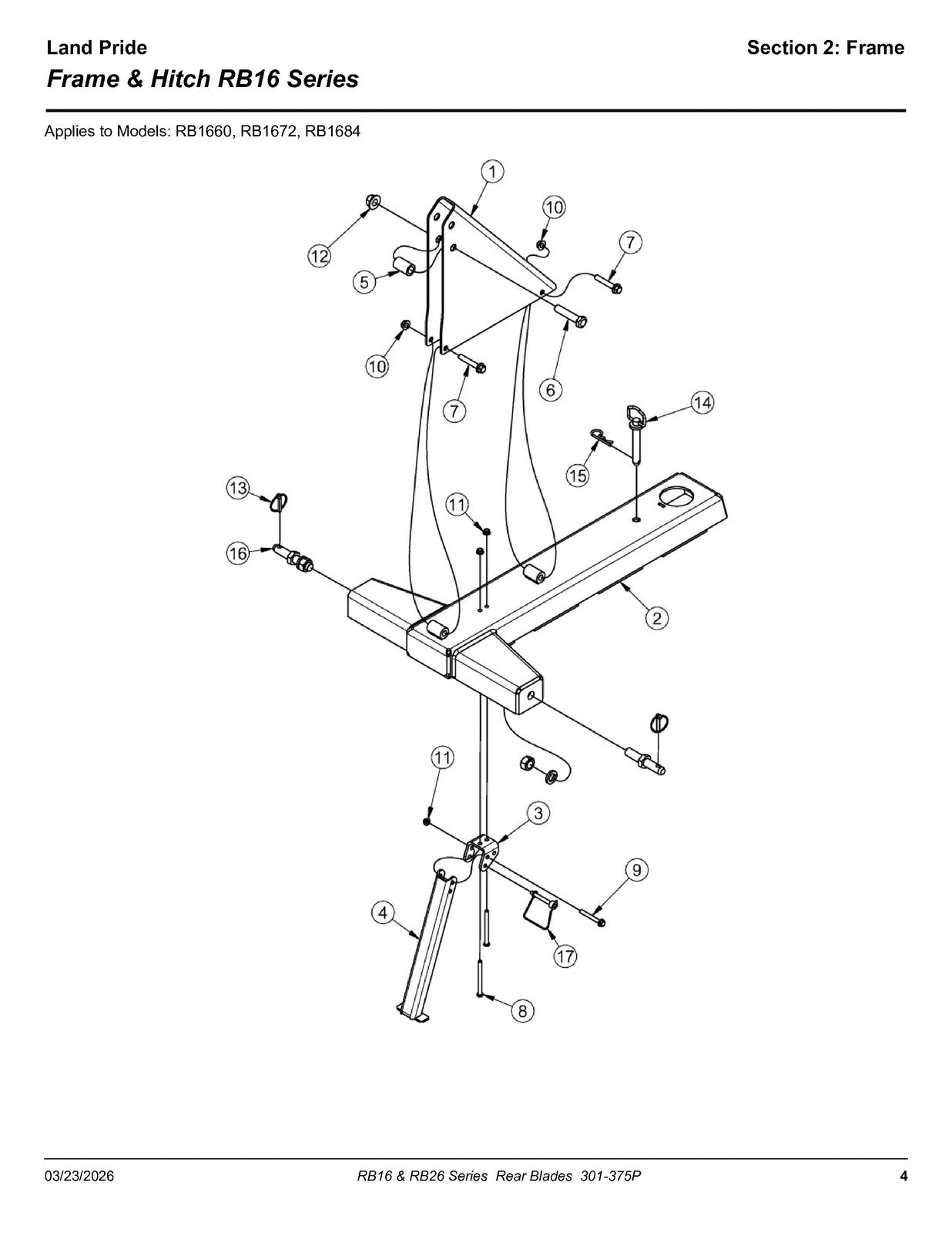 LAND PRIDE RB16 Series Rear Blades Parts Manual 2026 - WIRE BOUND - TOUGH COVERS