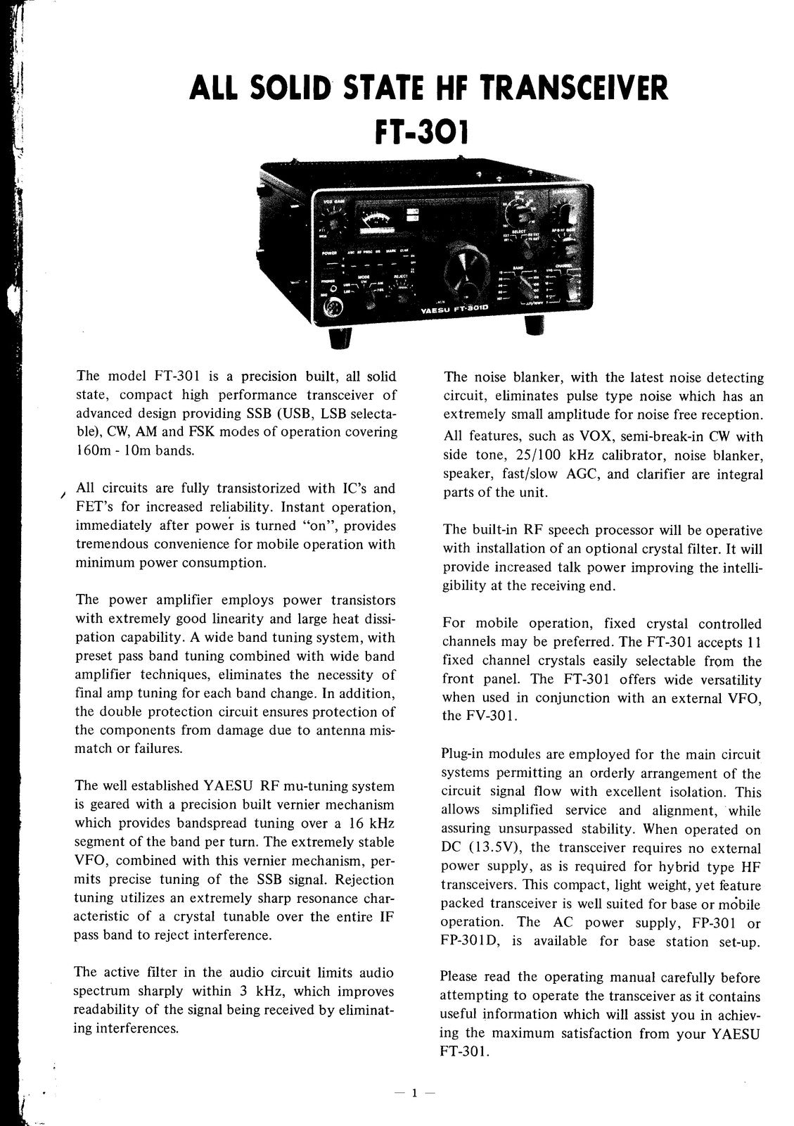 YAESU FT-301 Instruction and Service Manual - STEEL WIRE BOUND - TOUGH COVERS