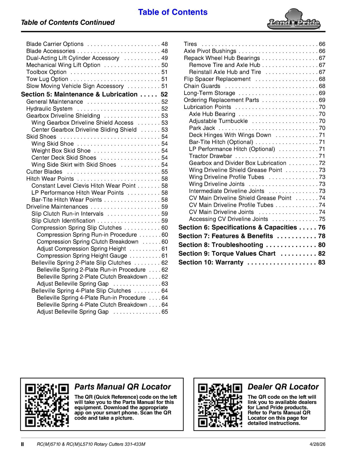 LAND PRIDE RC5710 Series Rotary Cutters Operators Manual - WIRE BOUND - COVERS