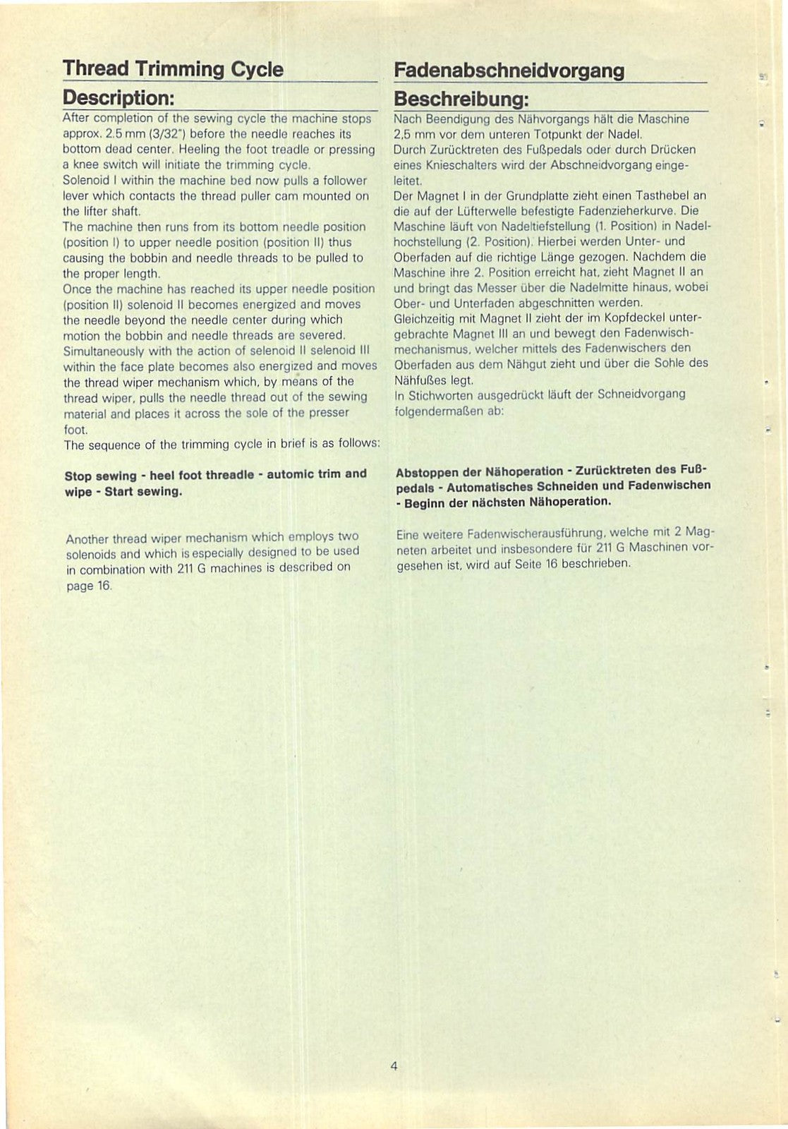 SINGER 211G 212G Underbed Thread Trimmer Service Manual - WIRE BOUND - COVERS