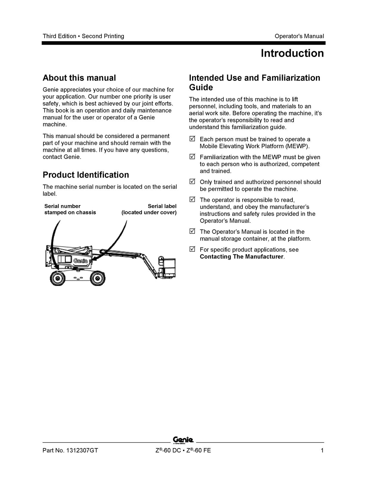 GENIE Z-60 DC Z-60 FE Operators Manual SN Z60H-3000 Up 2023 - WIRE BOUND