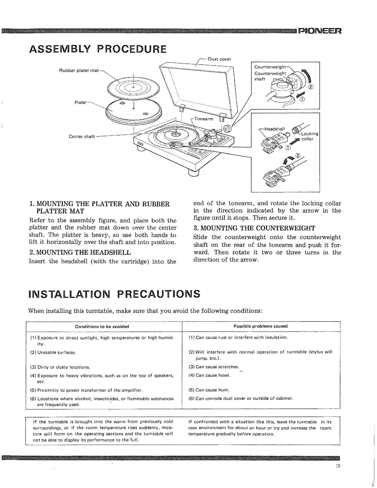 PIONEER PL-560 Turntable User Manual - STEEL WIRE BOUND - PROTECTIVE COVERS