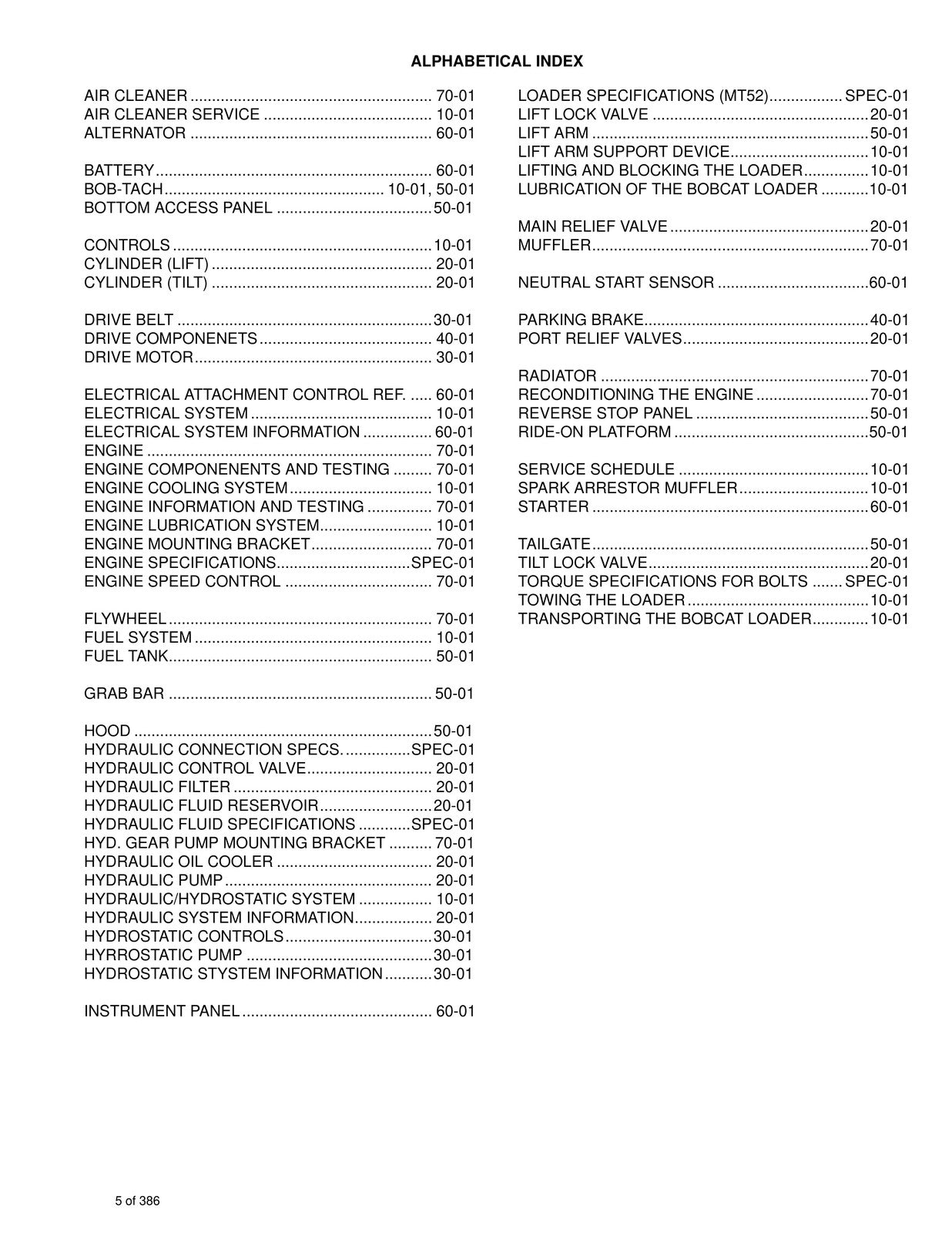 BOBCAT MT52 Mini Track Loader Service Manual SN 523611001 Up 2006, FOLDOUTS