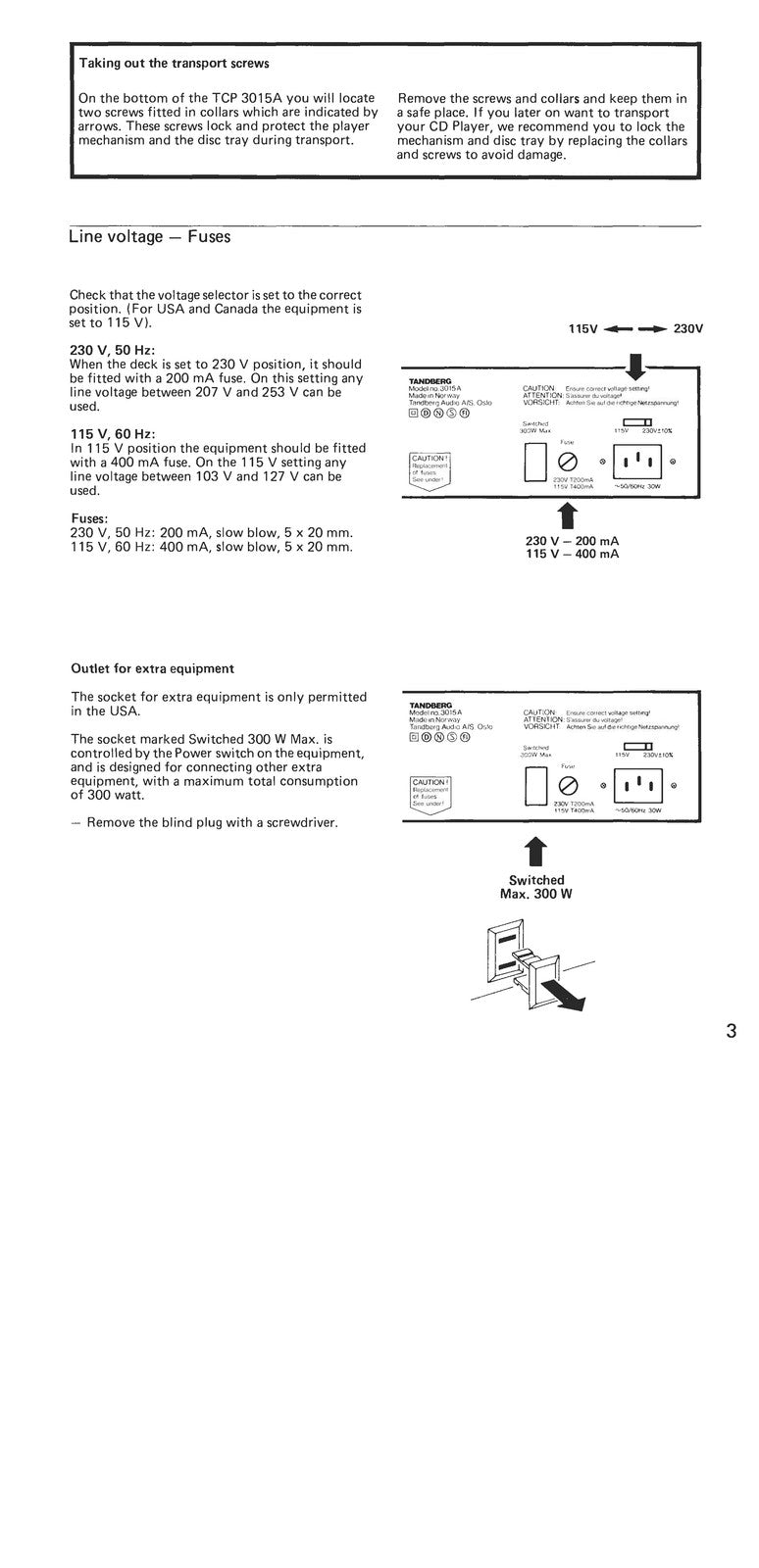 TANDBERG TCP 3015A CD Player Operating Instructions Manual - WIRE BOUND - COVERS