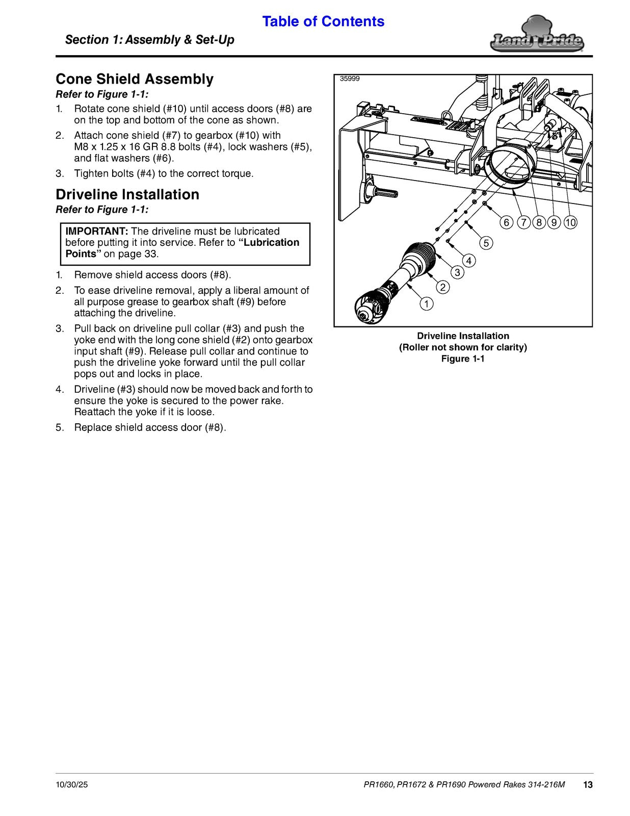LAND PRIDE PR16 Series Powered Rakes Operators Manual - WIRE BOUND - COVERS