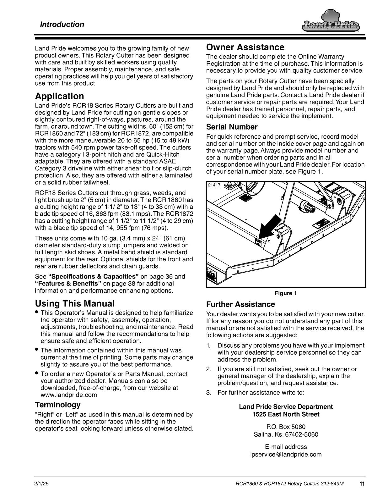LAND PRIDE RCR1860 RCR1872 Rotary Cutters Operators Manual 2025 - WIRE BOUND