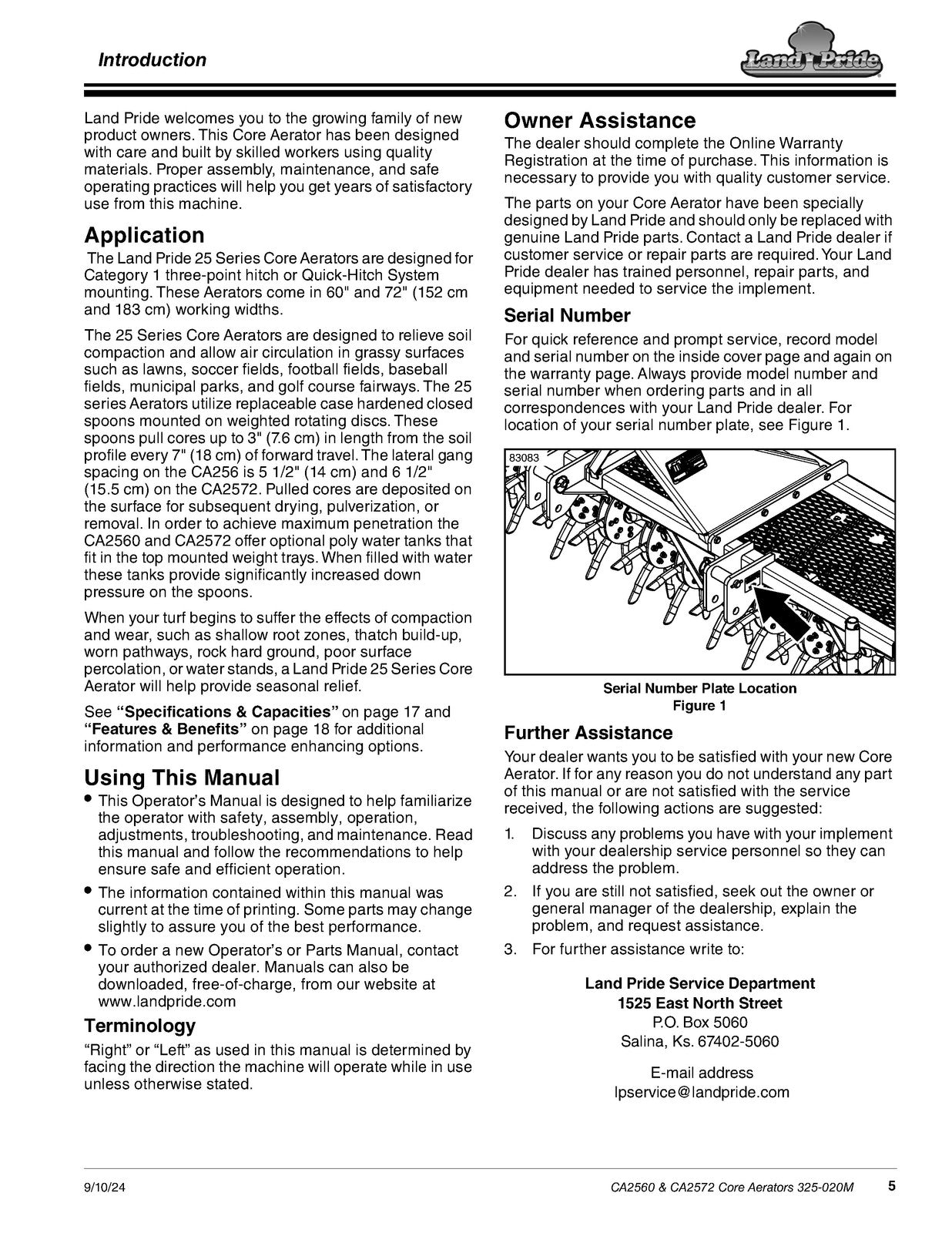 LAND PRIDE CA25 Series Core Aerators Operators Manual - WIRE BOUND - COVERS