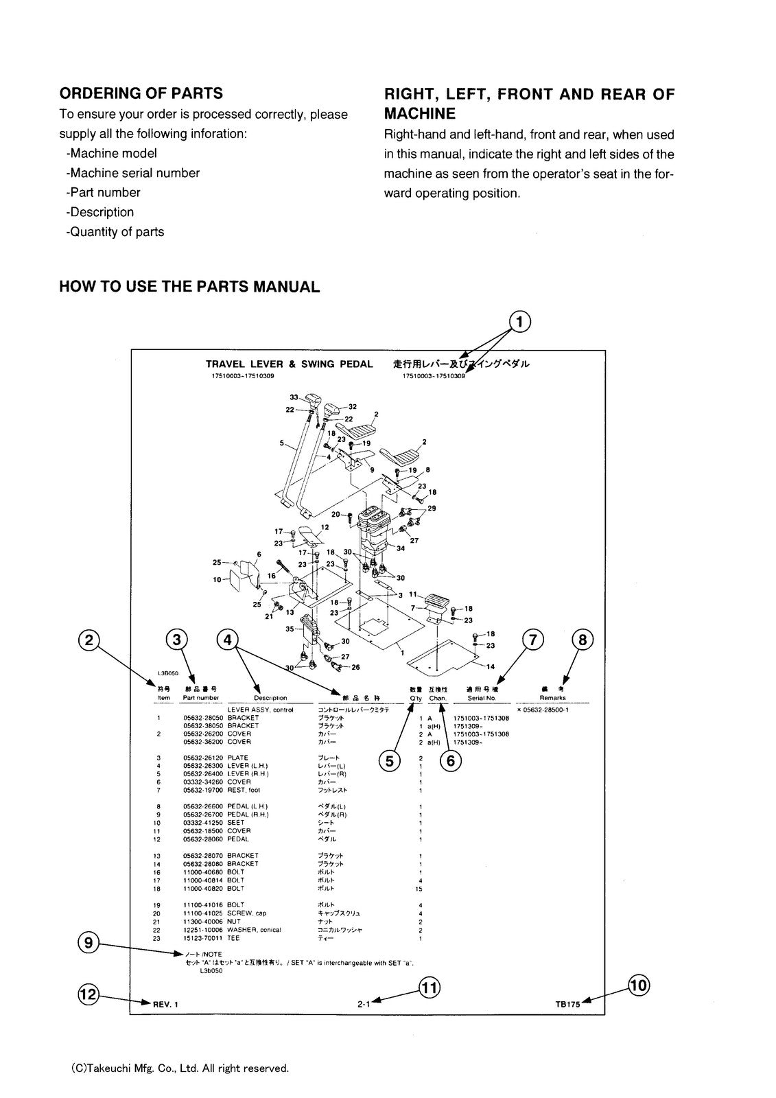 TAKEUCHI TL12R2 Track Loader Parts Manual SN 412100002 and Up - WIRE BOUND