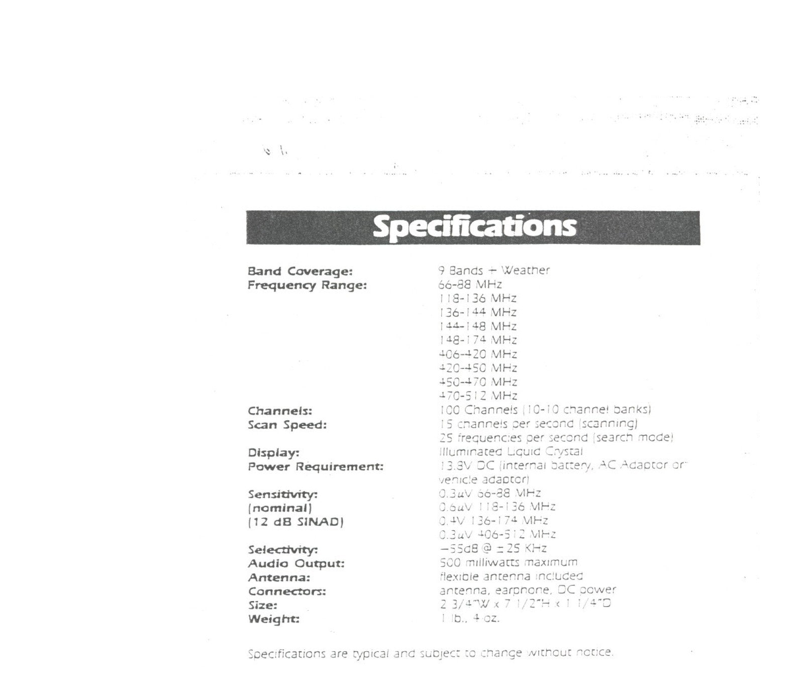 UNIDEN UBC100XLT 100 Channel Hand Held Scanner Operating Guide, FOLDOUTS