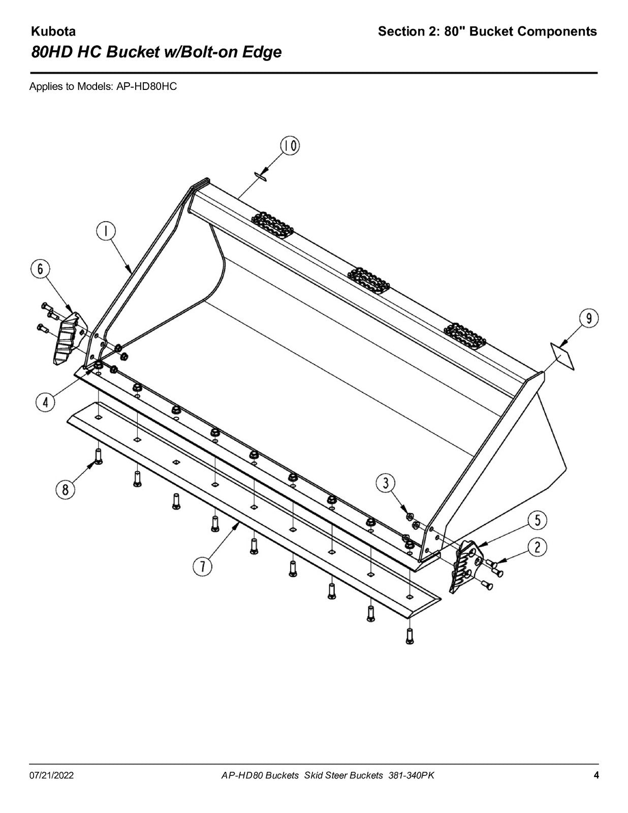 LAND PRIDE HD80 SL HD Series Buckets Parts Manual 2022 - WIRE BOUND - COVERS
