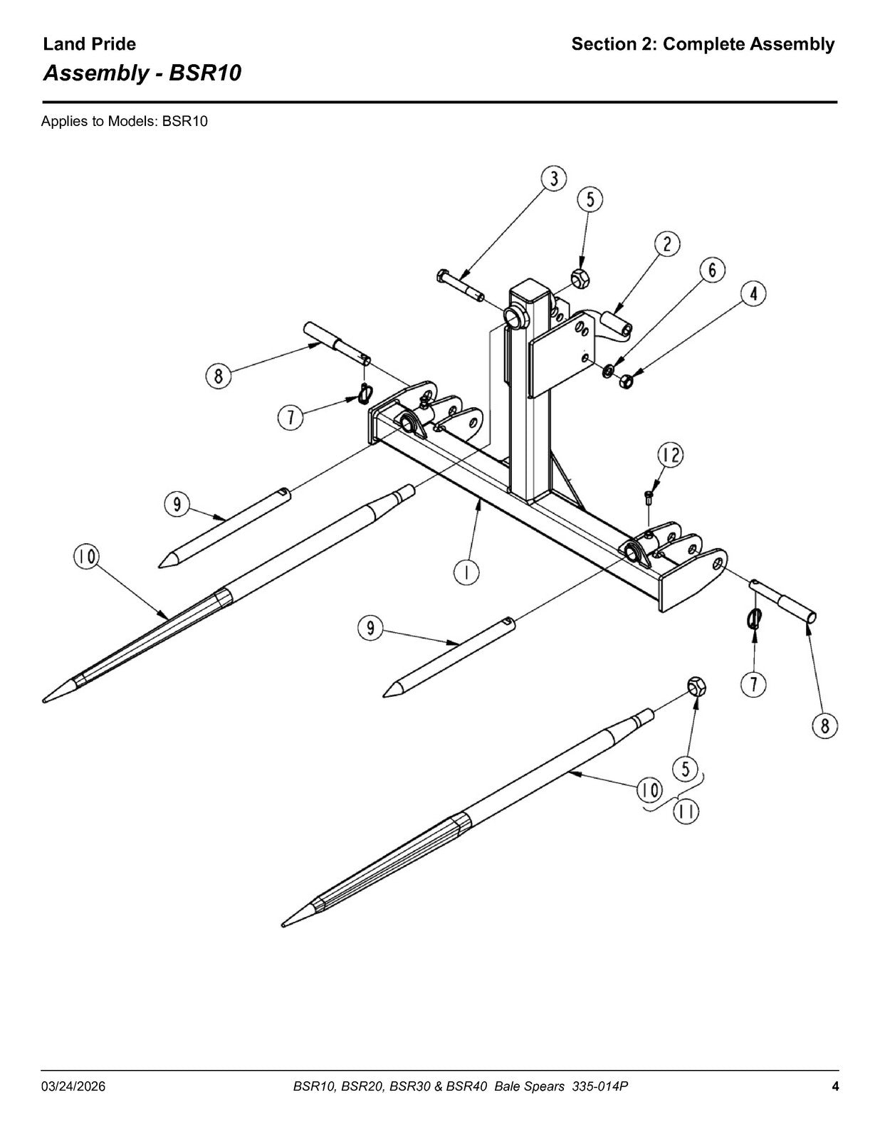 LAND PRIDE BSR10 Series Bale Spears Parts Manual 2026 - WIRE BOUND - COVERS