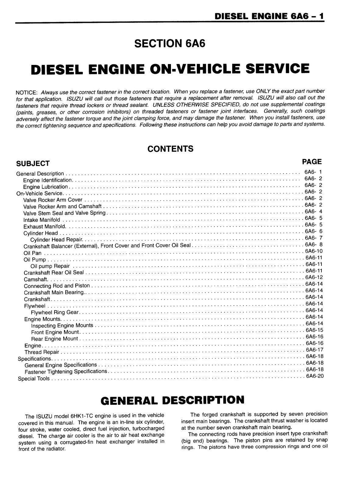 ISUZU 6HK1-TC Engine FSR FTR FVR FRR WT5500 Service Manual 1998-2001 - BOUND