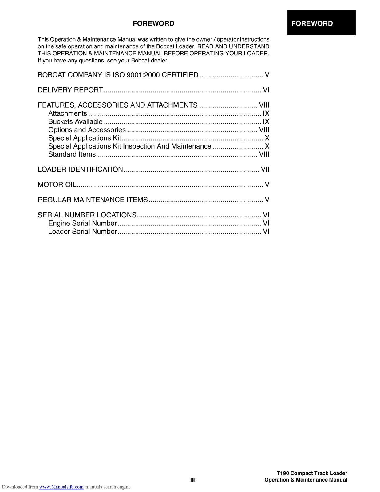 BOBCAT T190 Operation Maintenance Manual 2006 SN 531711001 Up - WIRE BOUND