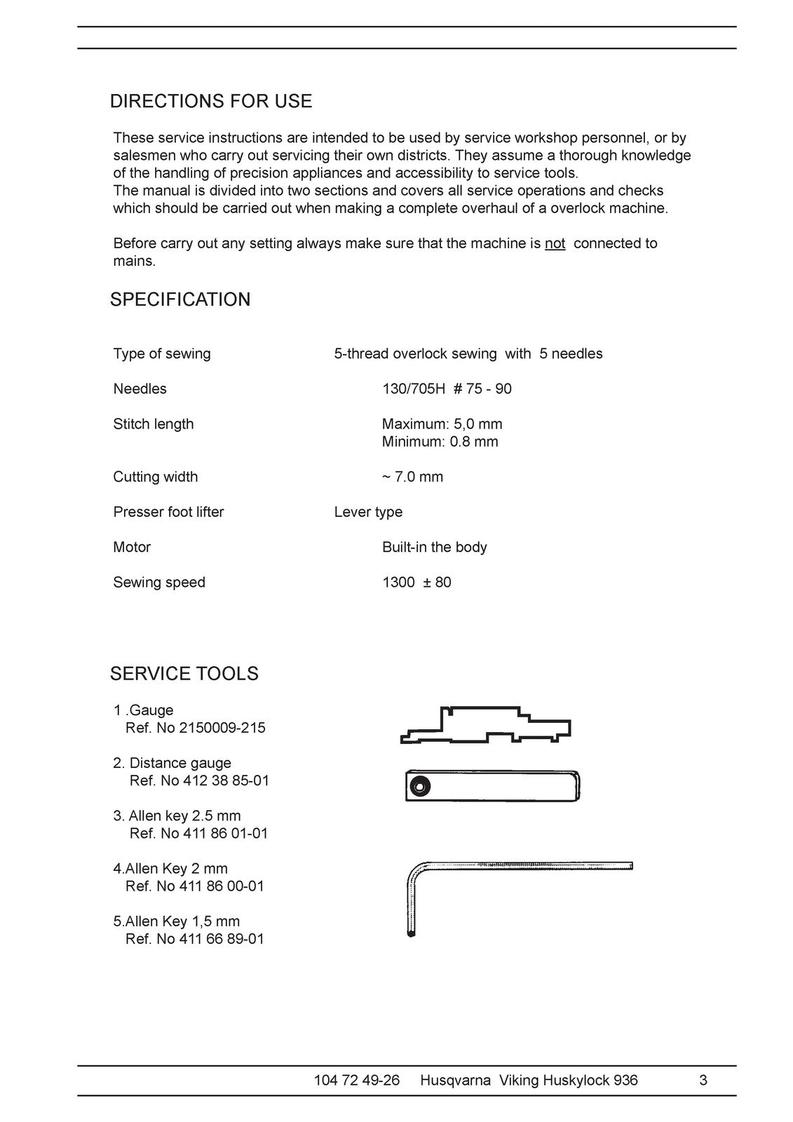 HUSQVARNA VIKING Huskylock 936 Service Manual 2005 - WIRE BOUND - TOUGH COVERS