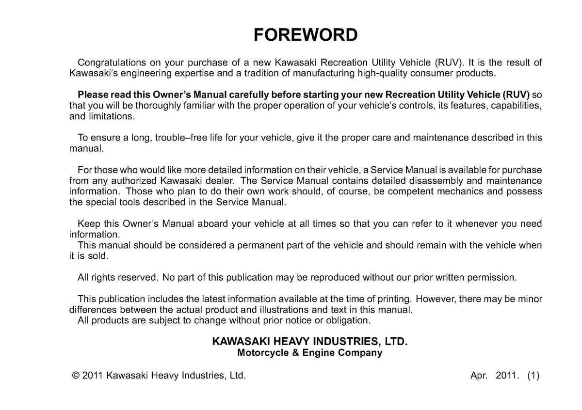 KAWASAKI Teryx 750 FI 4x4 Owners Manual 2012 - STEEL WIRE BOUND - TOUGH COVERS