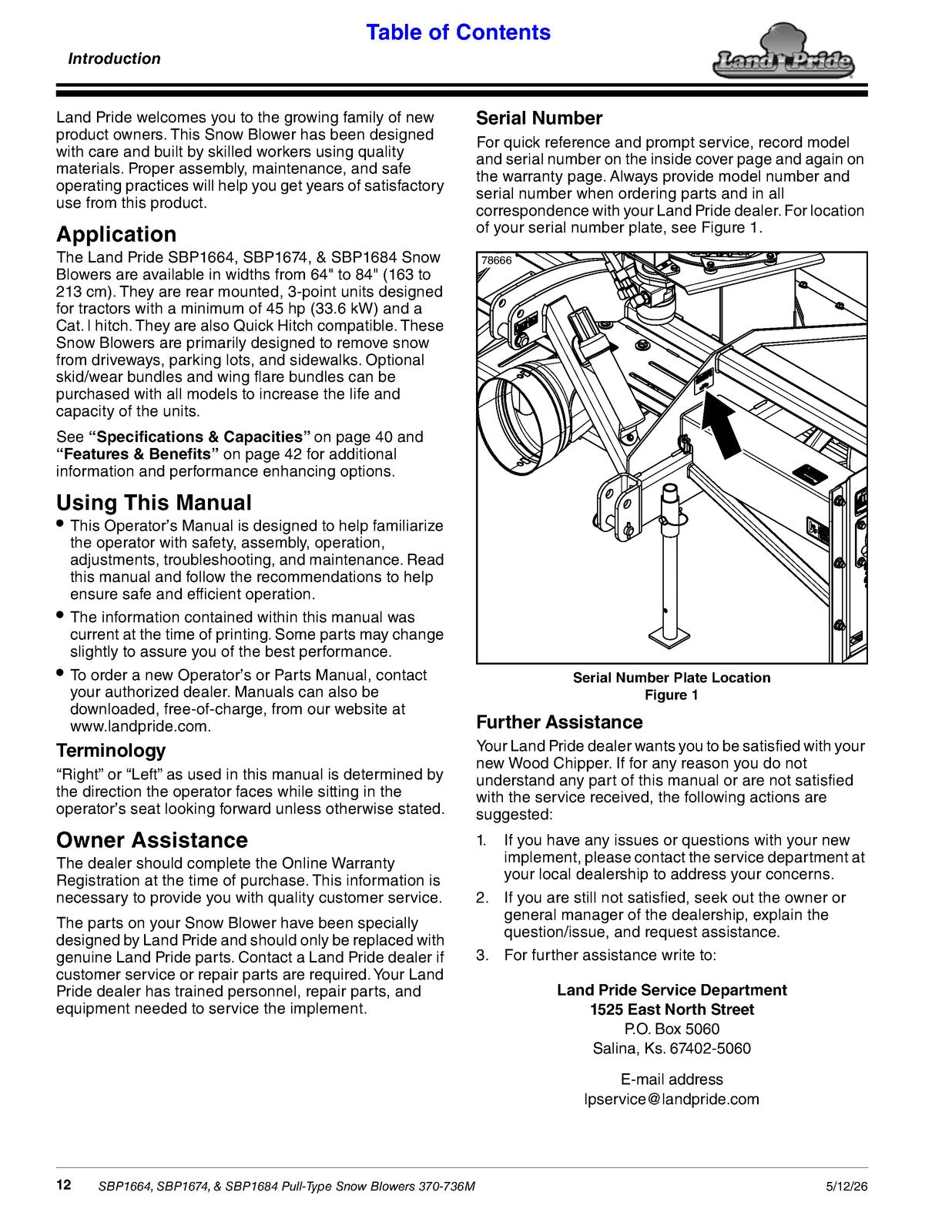 LAND PRIDE SBP16 Series Snow Blowers Operators Manual 2026 - WIRE BOUND - COVERS