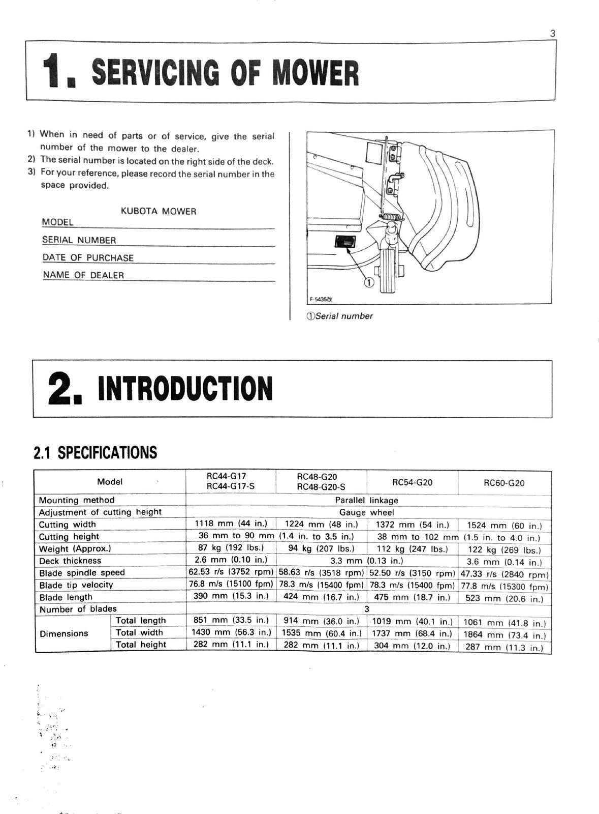 KUBOTA RC44 RC48 RC54 RC60 Mower Operators Manual - WIRE BOUND - TOUGH COVERS