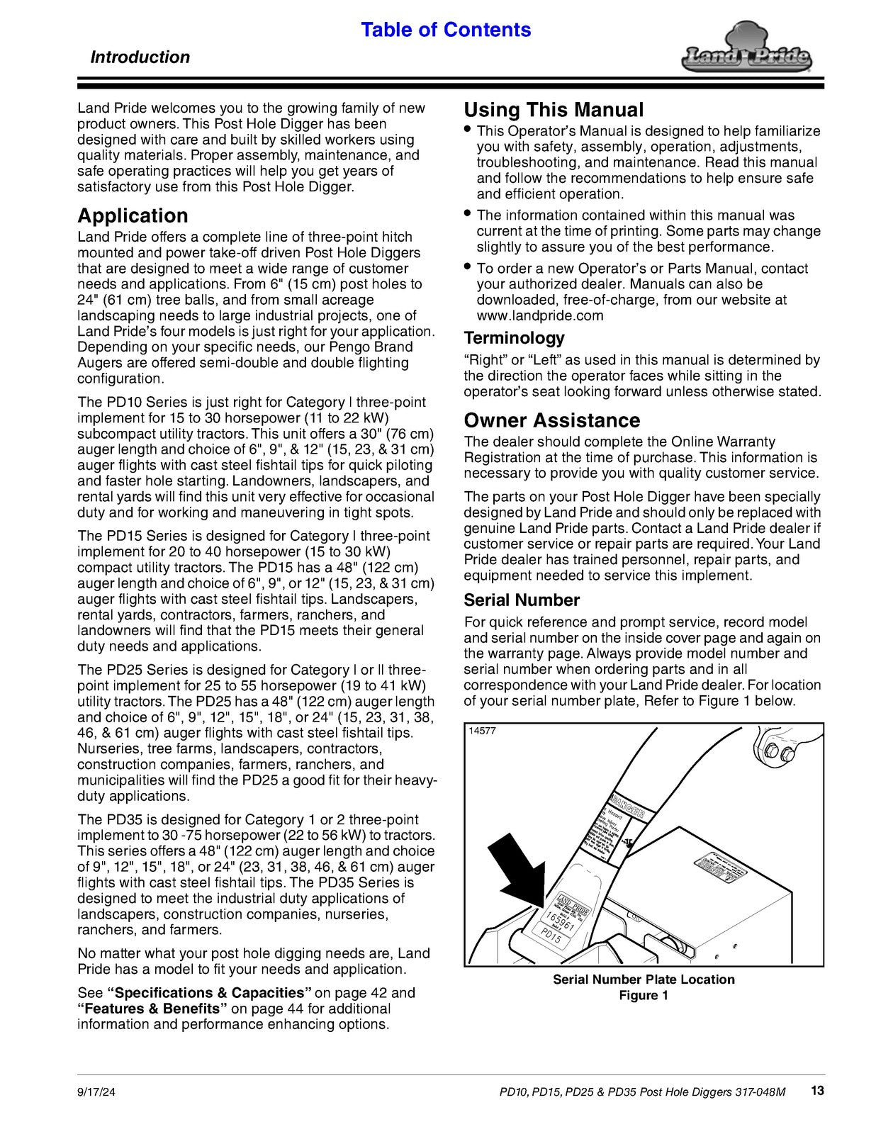 LAND PRIDE PD10 Series Post Hole Diggers Operators Manual - WIRE BOUND - COVERS