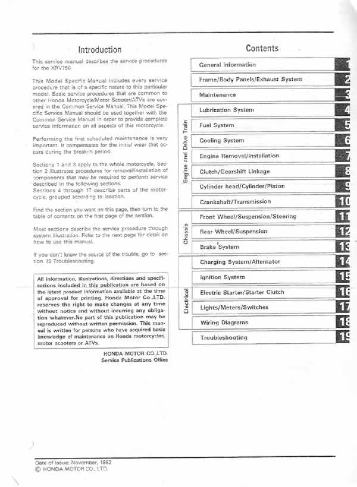 HONDA XRV750 RD07 Africa Twin Motorcycle Service Manual, BOUND, COVERS, FOLDOUTS