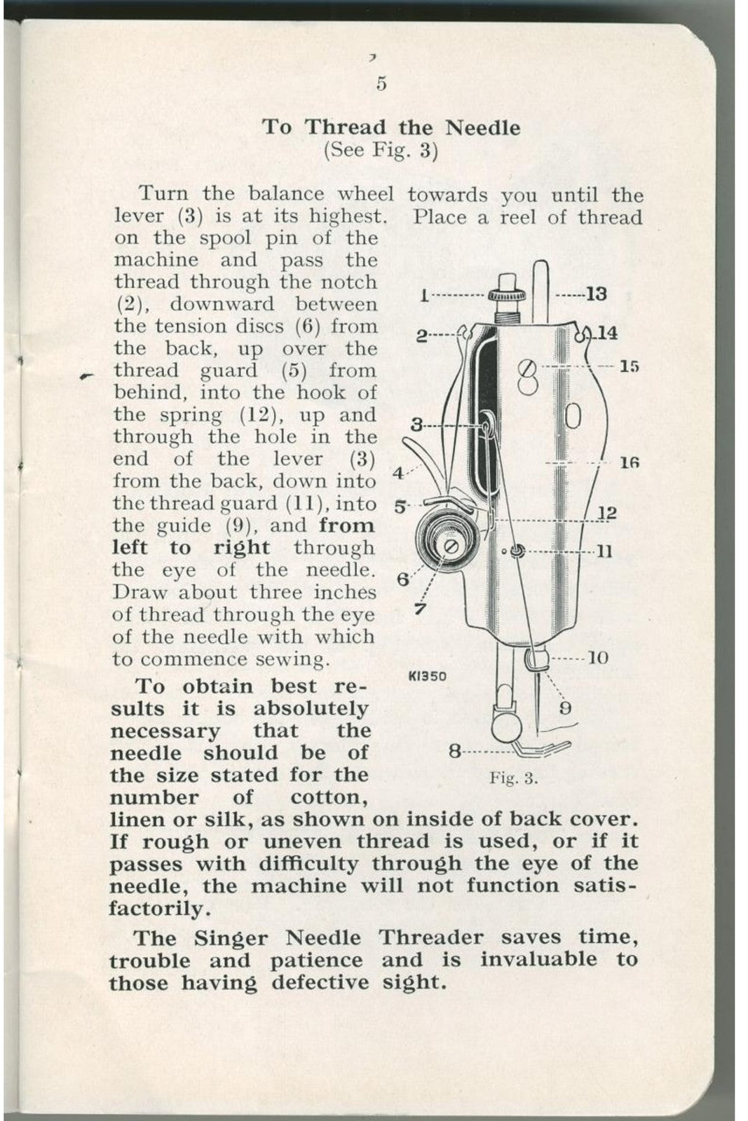 SINGER Model 15 Sewing Machine Instruction Manual - WIRE BOUND - TOUGH COVERS