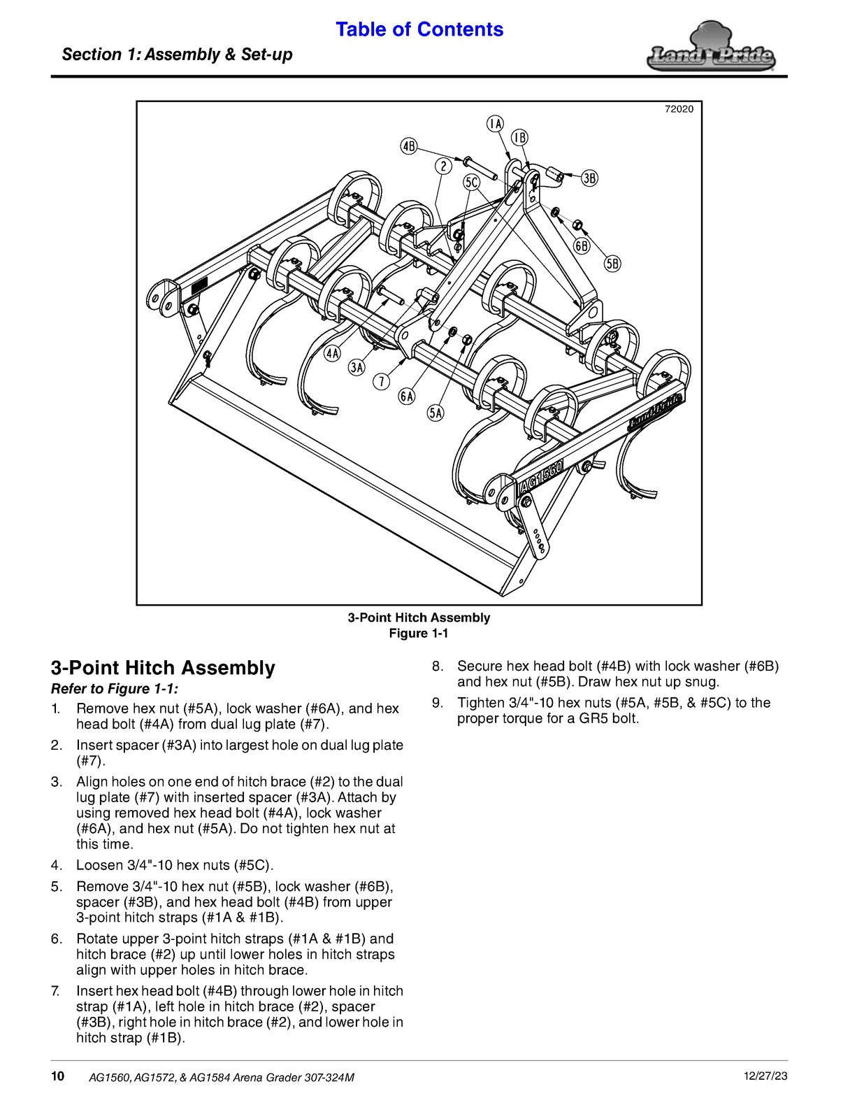 LAND PRIDE AG15 Series Arena Graders Operators Manual - WIRE BOUND - COVERS