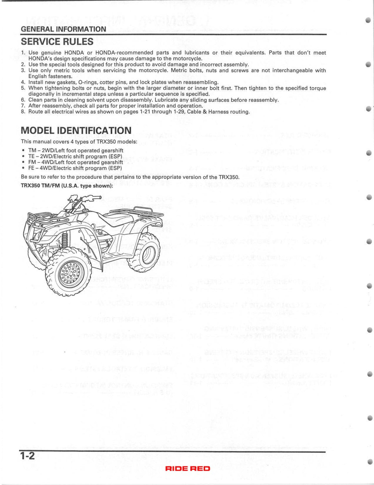 HONDA TRX350 TE TM FE FM FourTrax Rancher ATV Service Manual 2004-2006, FOLDOUTS