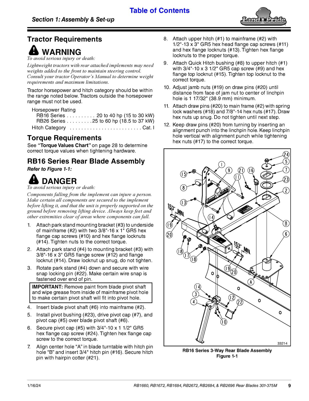 LAND PRIDE RB16 Series Rear Blades Operators Manual - WIRE BOUND - TOUGH COVERS