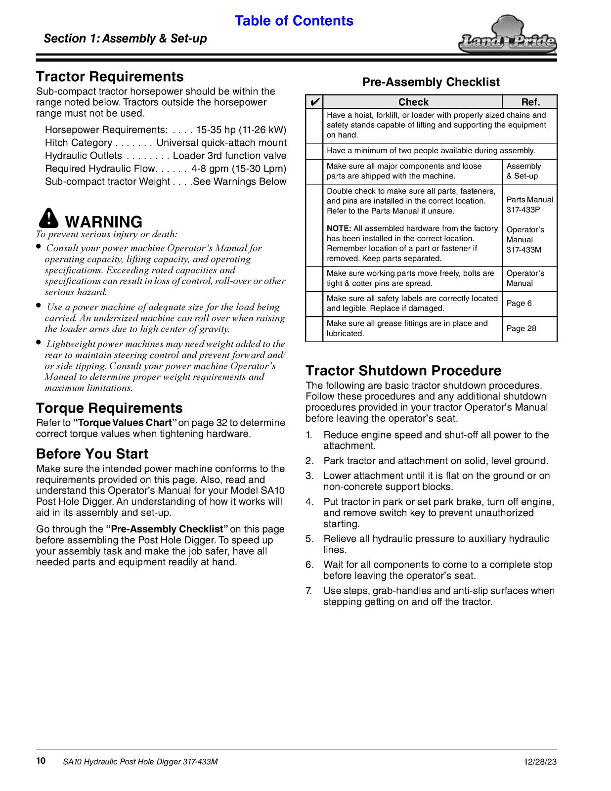 LAND PRIDE SA10 Series Hydraulic Post Hole Digger Operators Manual - WIRE BOUND