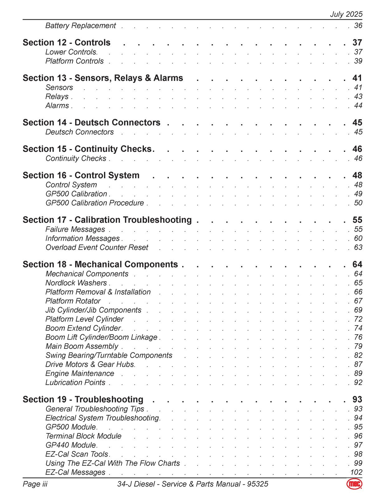 MEC 34-J Diesel Aerial Work Platform Service  Parts Manual - WIRE BOUND