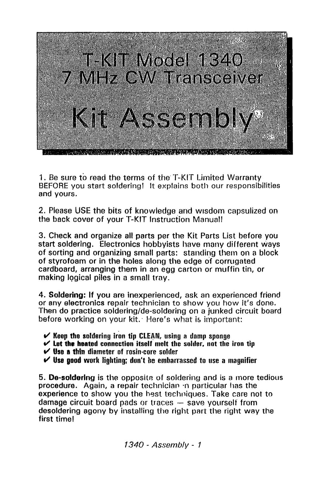 TEN TEC 1340 40 Meter CW Transceiver Instruction Manual - WIRE BOUND - COVERS