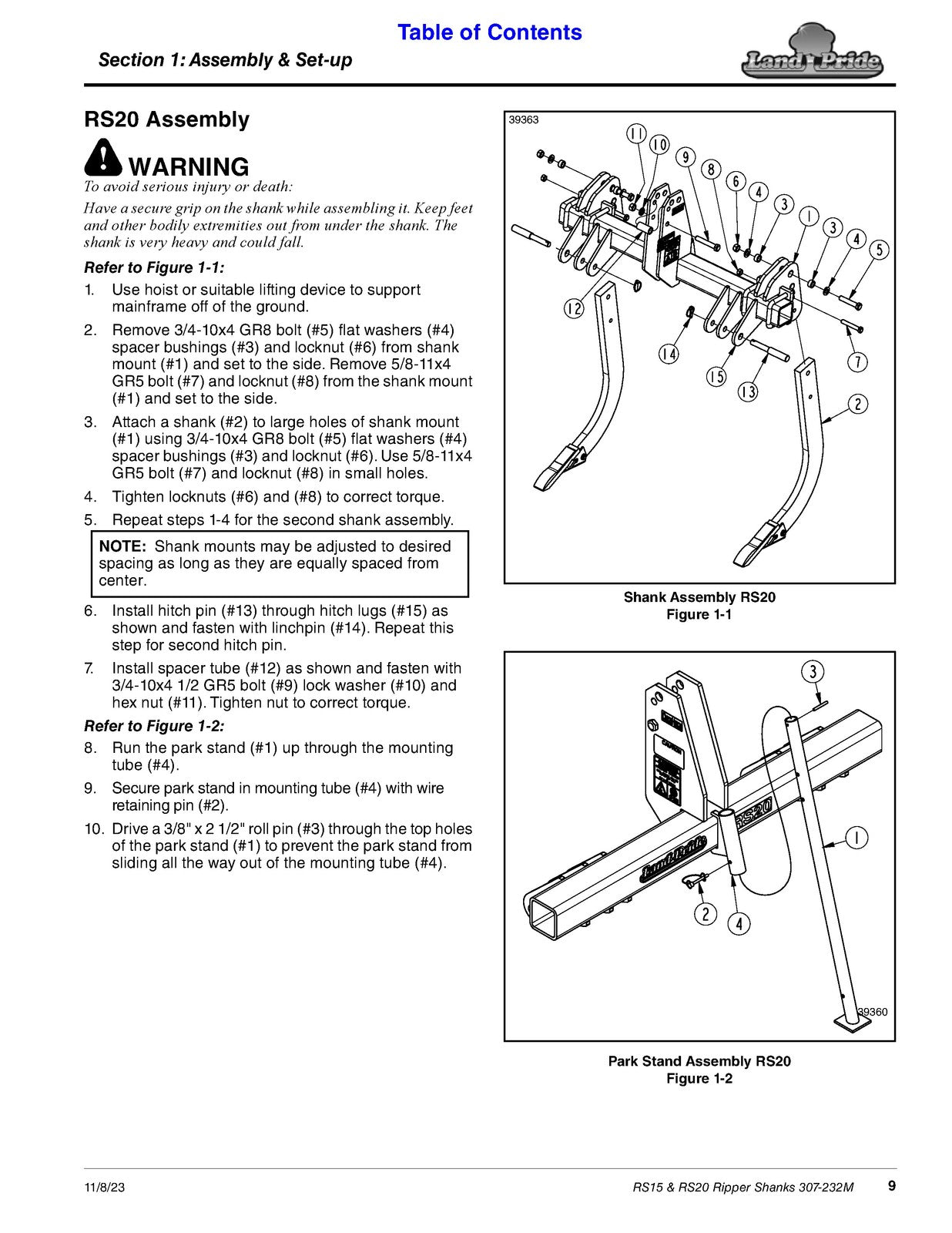 LAND PRIDE RS15 Series Ripper Shanks Operators Manual - WIRE BOUND - COVERS