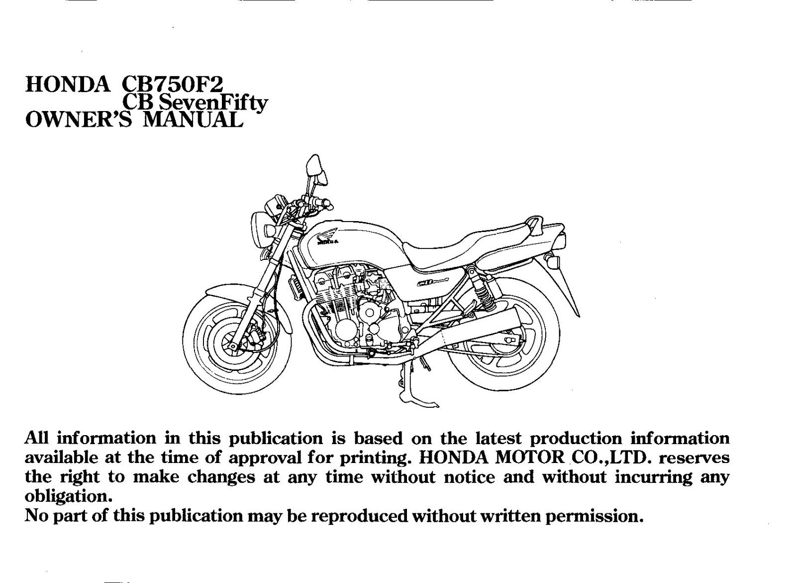 HONDA CB750F2 SevenFifty Owners Manual 1995 - BOUND - COVERS - XL FOLDOUT PAGES