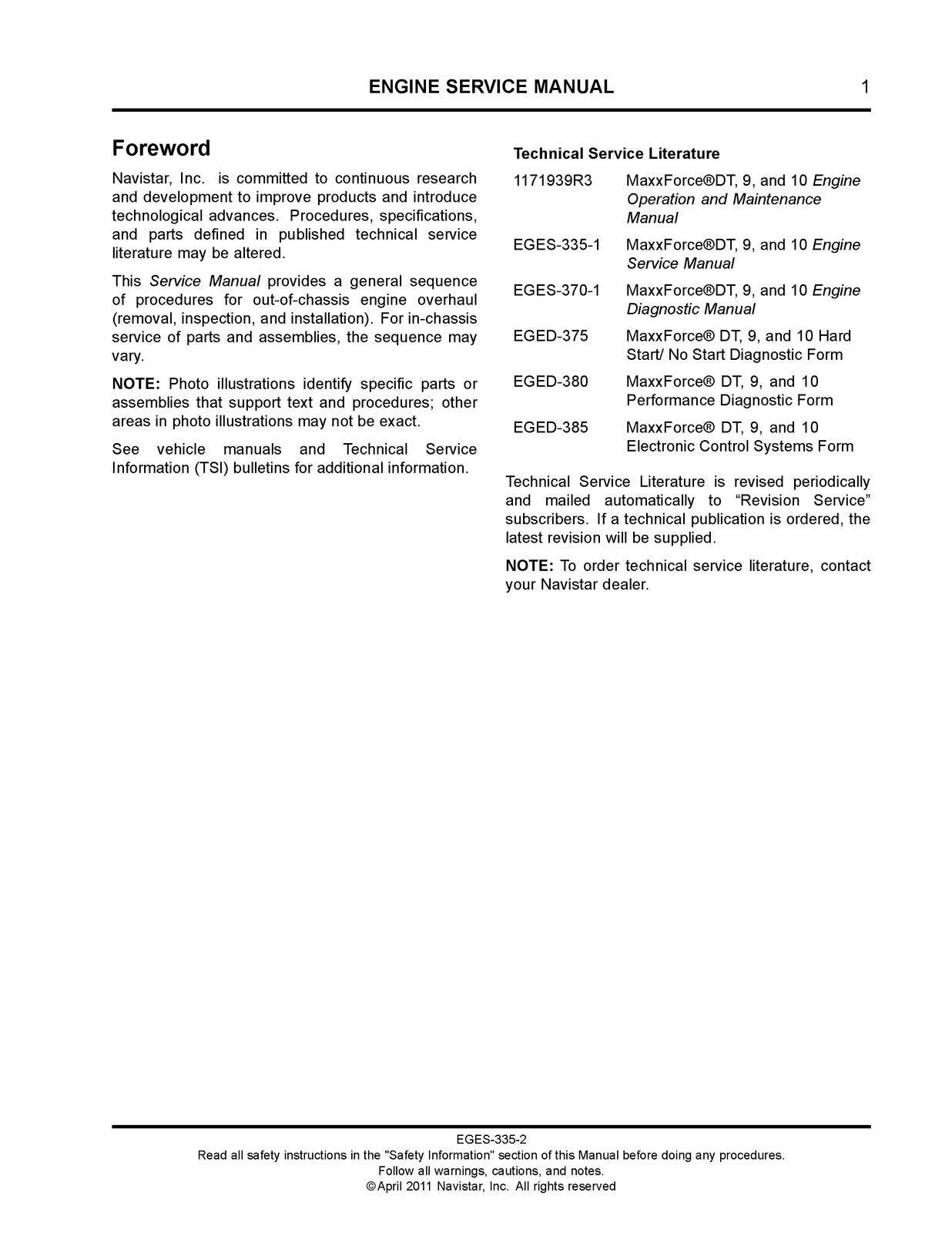 INTERNATIONAL MaxxForce DT 9 10 EPA07 Engine Service Manual 2011 - WIRE BOUND