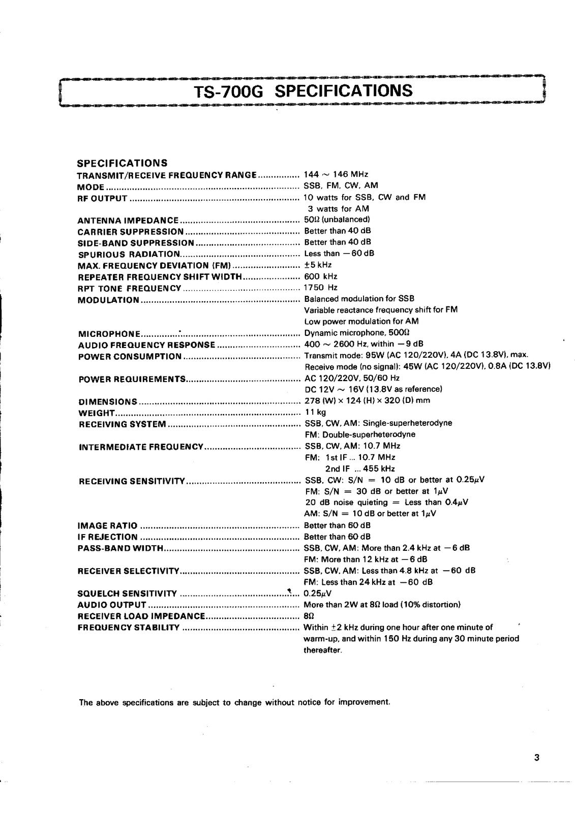 KENWOOD TS-700G 2m All Mode Transceiver Operating Manual - WIRE BOUND - COVERS