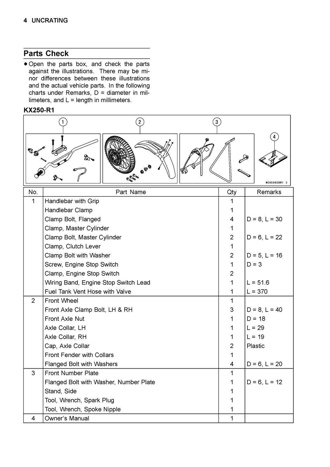 KAWASAKI KX250 Motorcycle Assembly  Preparation Manual - WIRE BOUND - COVERS