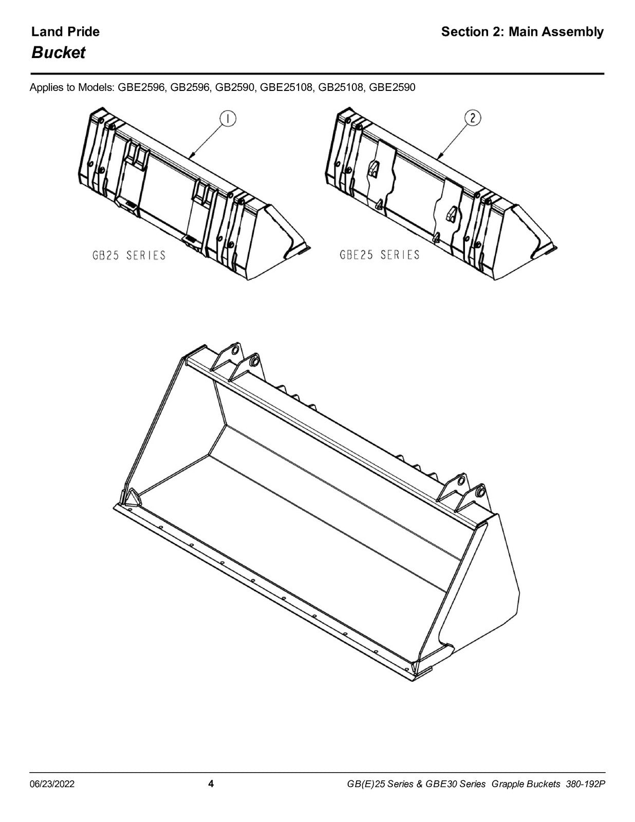 LAND PRIDE GB2596 Series Grapple Buckets Parts Manual 2022 - WIRE BOUND - COVERS