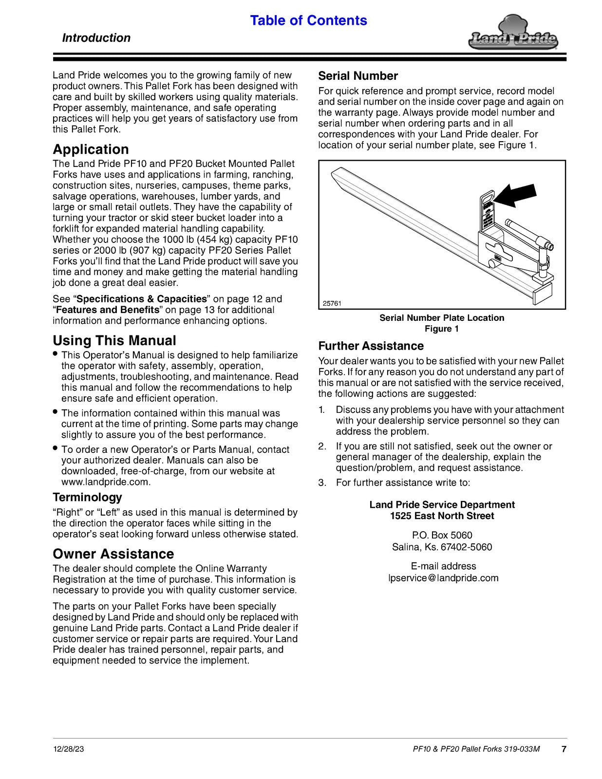 LAND PRIDE PF10 PF20 Series Pallet Forks Operators Manual - WIRE BOUND - COVERS
