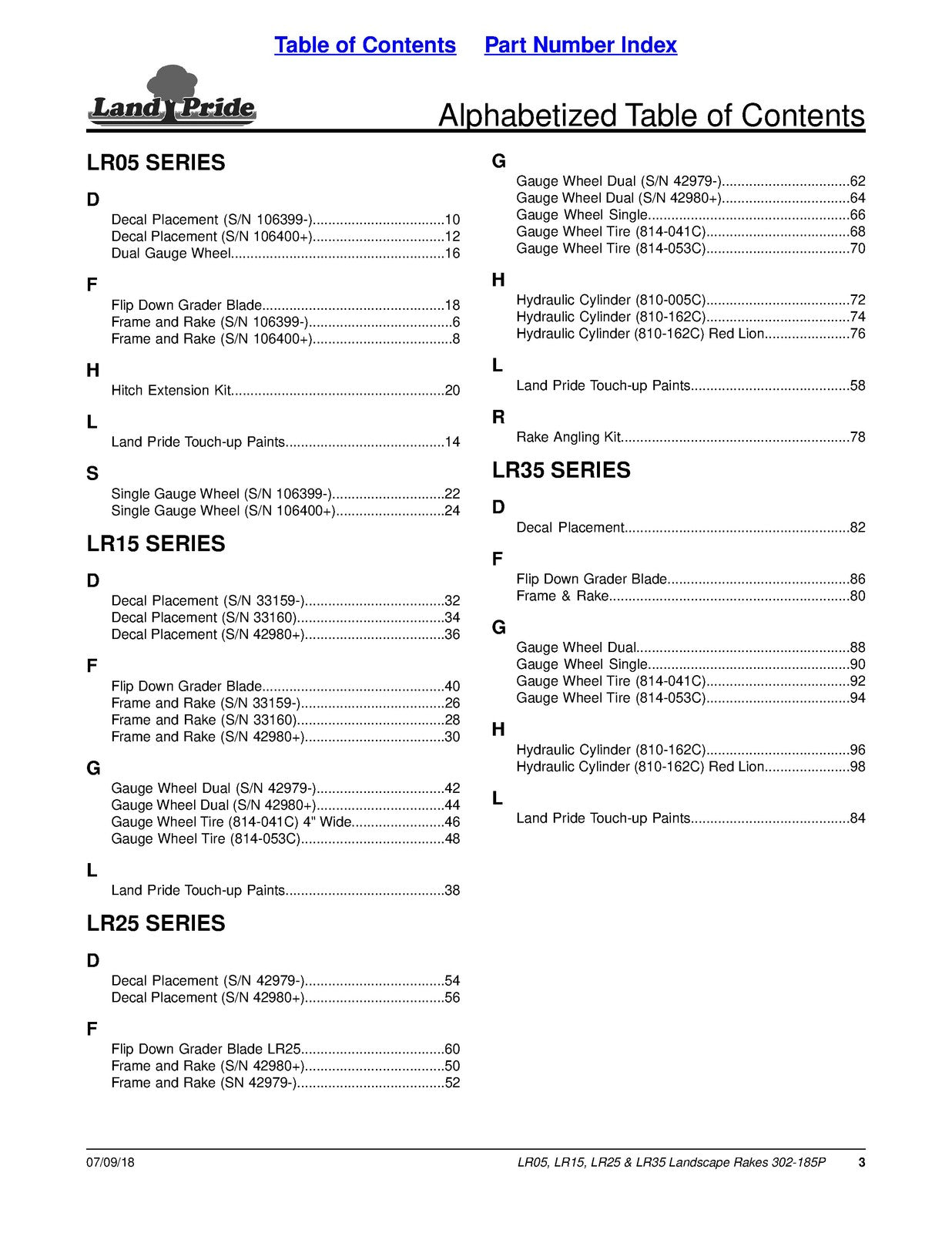 LAND PRIDE LR05 Series Landscape Rakes Parts Manual 2018 - WIRE BOUND - COVERS