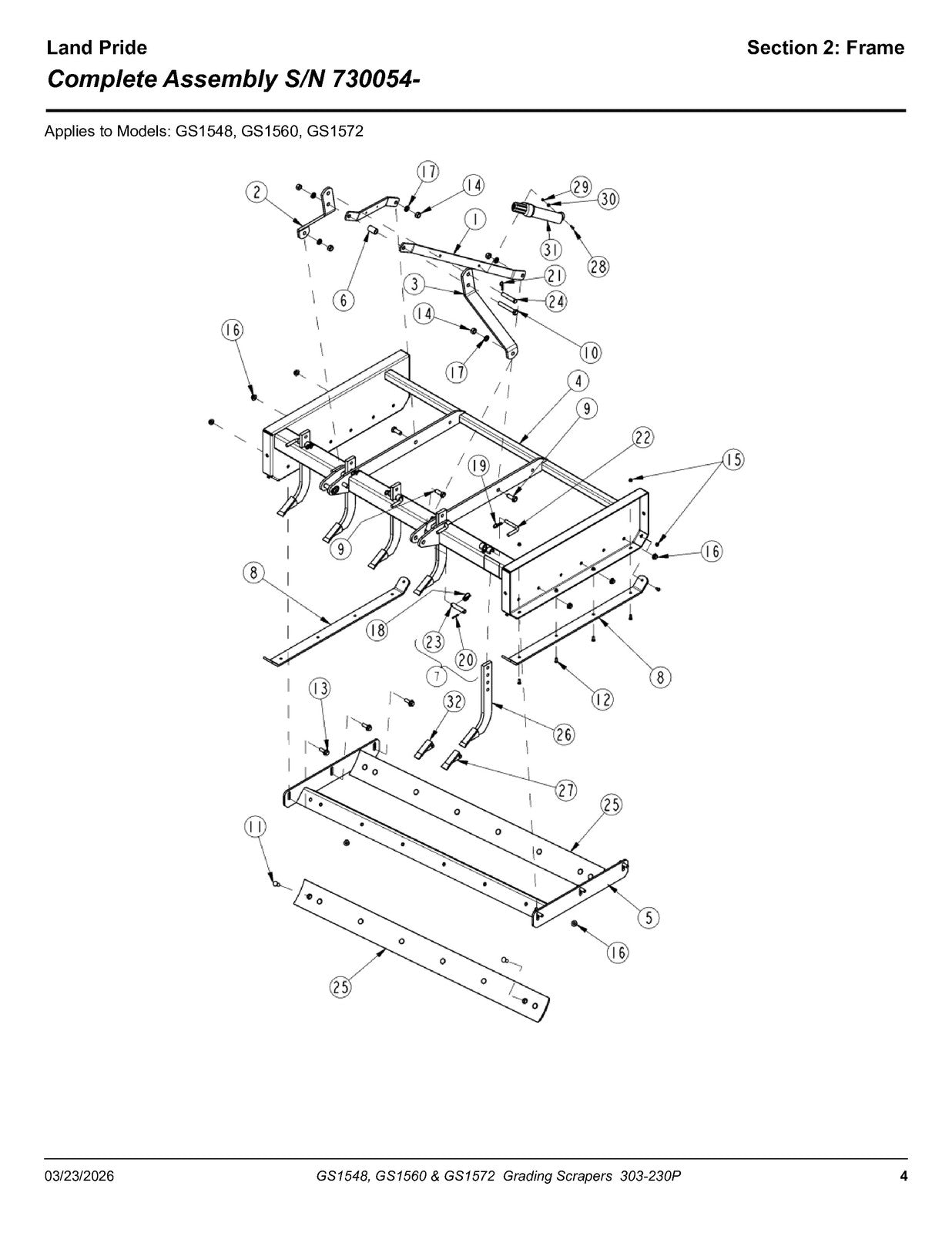 LAND PRIDE GS15 Series Grading Scrapers Parts Manual 2026 - WIRE BOUND - COVERS