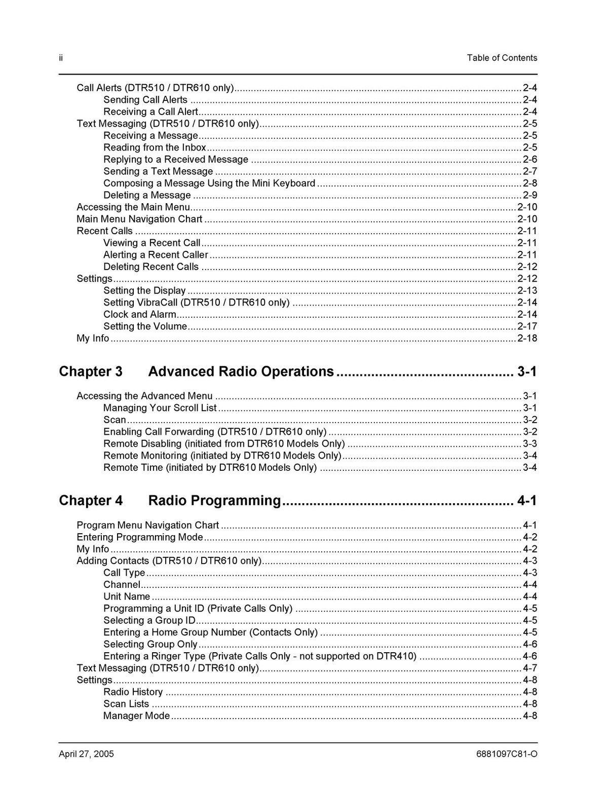 MOTOROLA DTR Series DTR410 DTR510 DTR610 Radio User Guide 2005 - WIRE BOUND