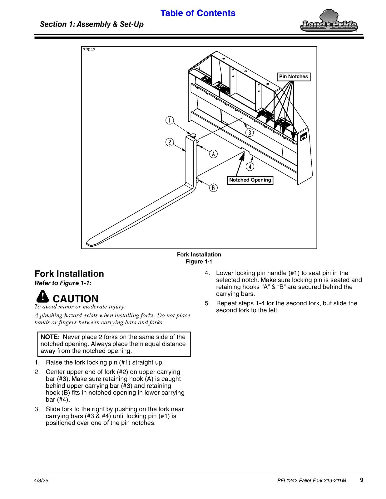 LAND PRIDE PFL12 Series Pallet Forks Operators Manual - WIRE BOUND - COVERS
