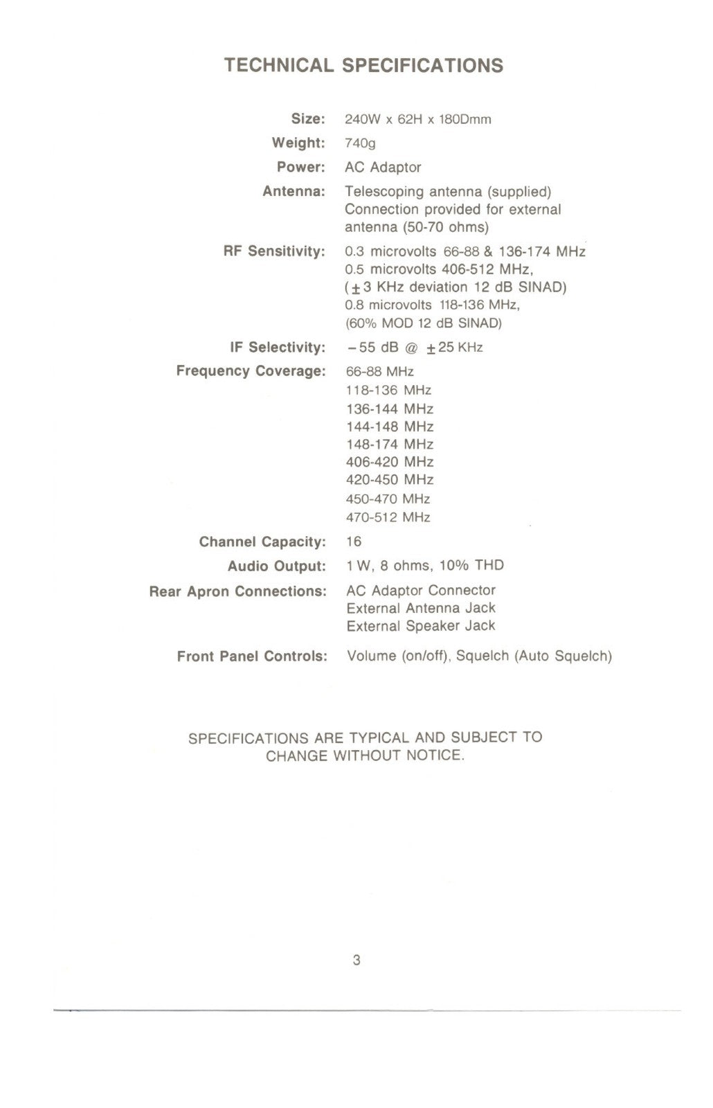 UNIDEN UBC175XL Scanner User Manual - STEEL WIRE BOUND - PROTECTIVE COVERS