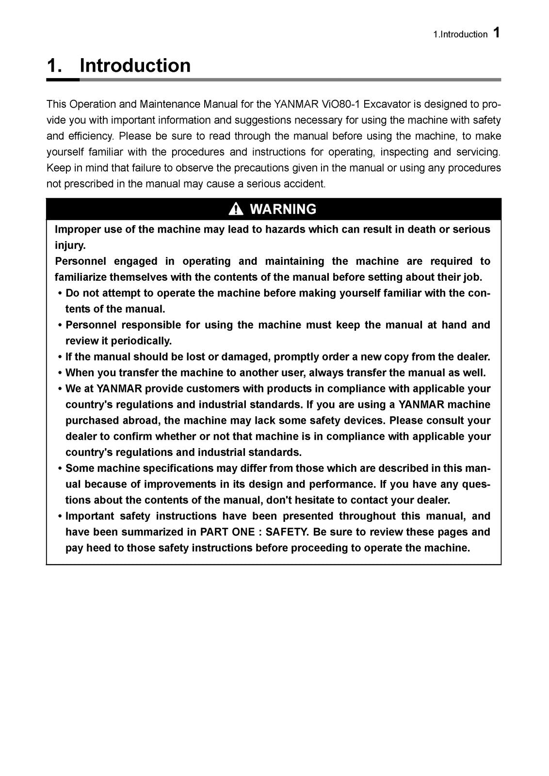 YANMAR ViO80-1 Excavator Operation  Maintenance Manual SN 10501 Up - WIRE BOUND