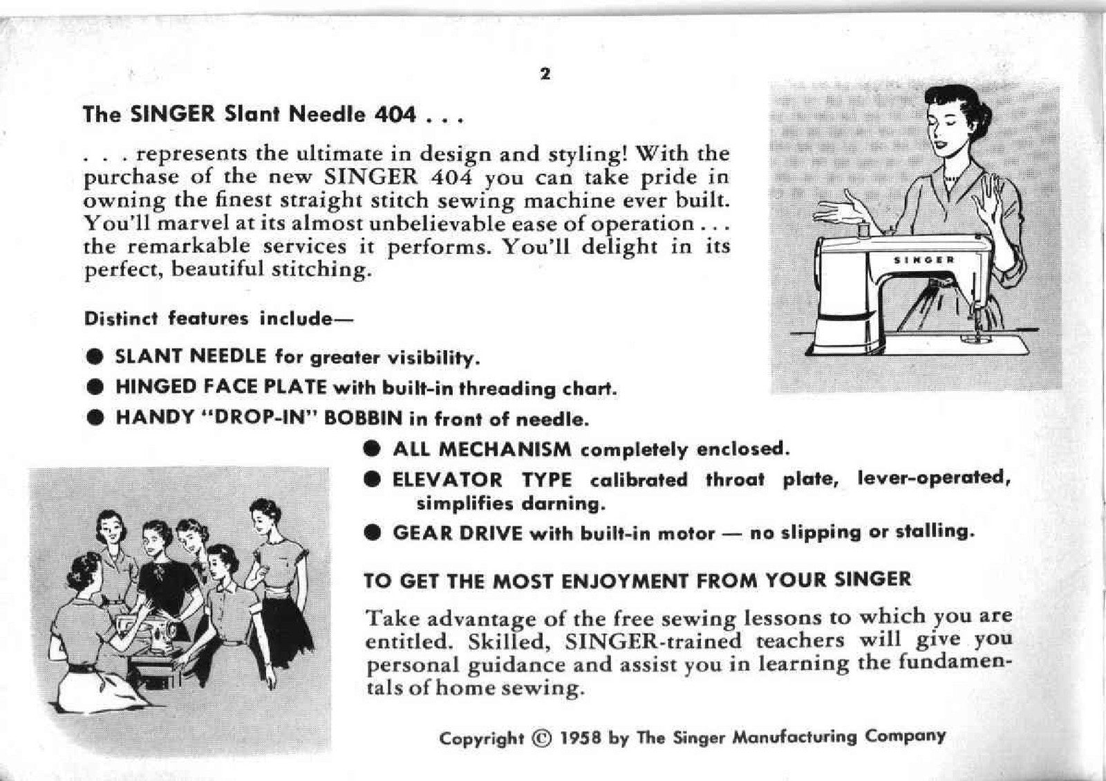 SINGER 404 Slant Needle Sewing Machine Instruction Manual - WIRE BOUND - COVERS