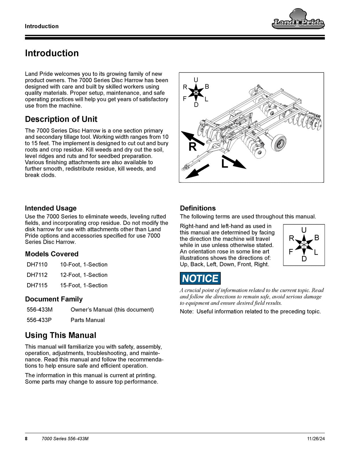 LAND PRIDE DH7100 Series Disc Harrows Operators Manual - WIRE BOUND - COVERS