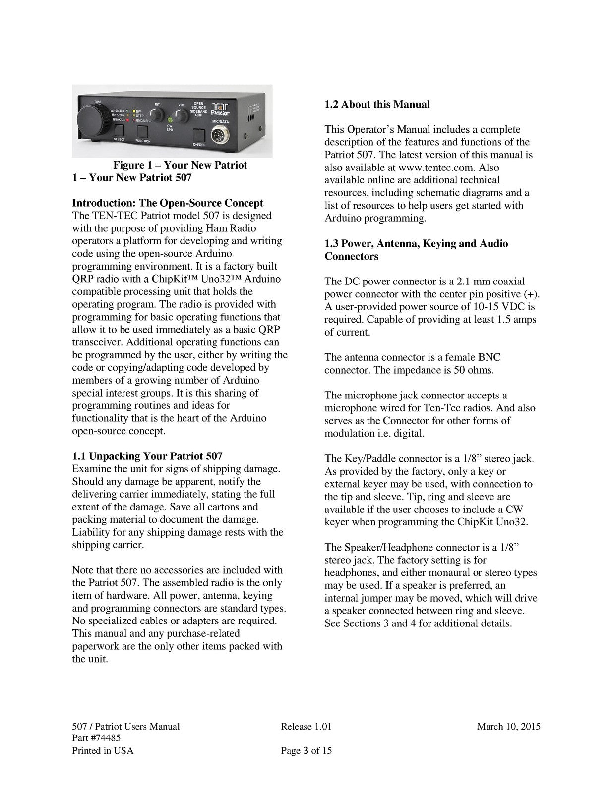 TEN TEC Patriot Moedl 507 QRB Transciever Operators Manual - WIRE BOUND - COVERS