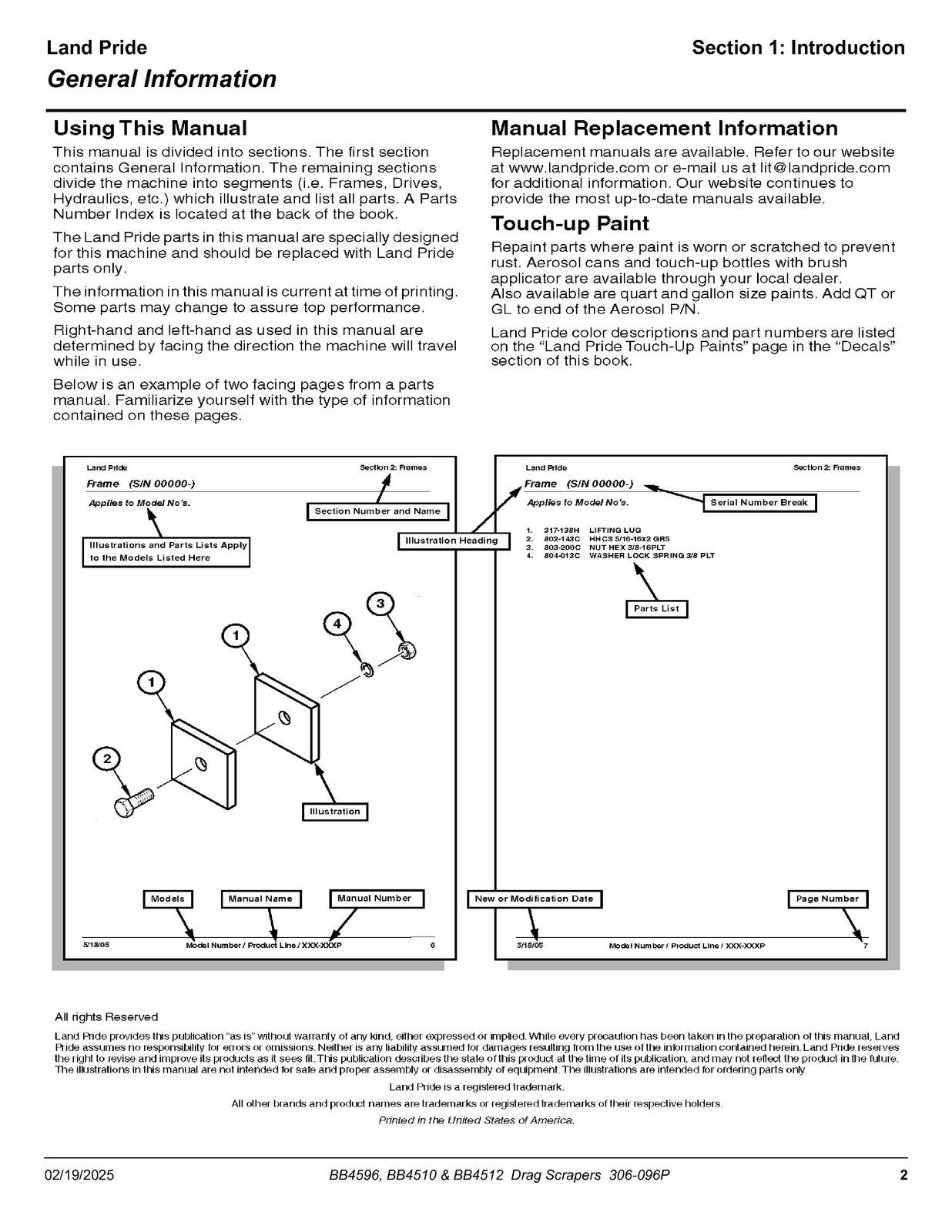 LAND PRIDE BB45 Series Drag Scrapers Parts Manual 2025 - WIRE BOUND - COVERS