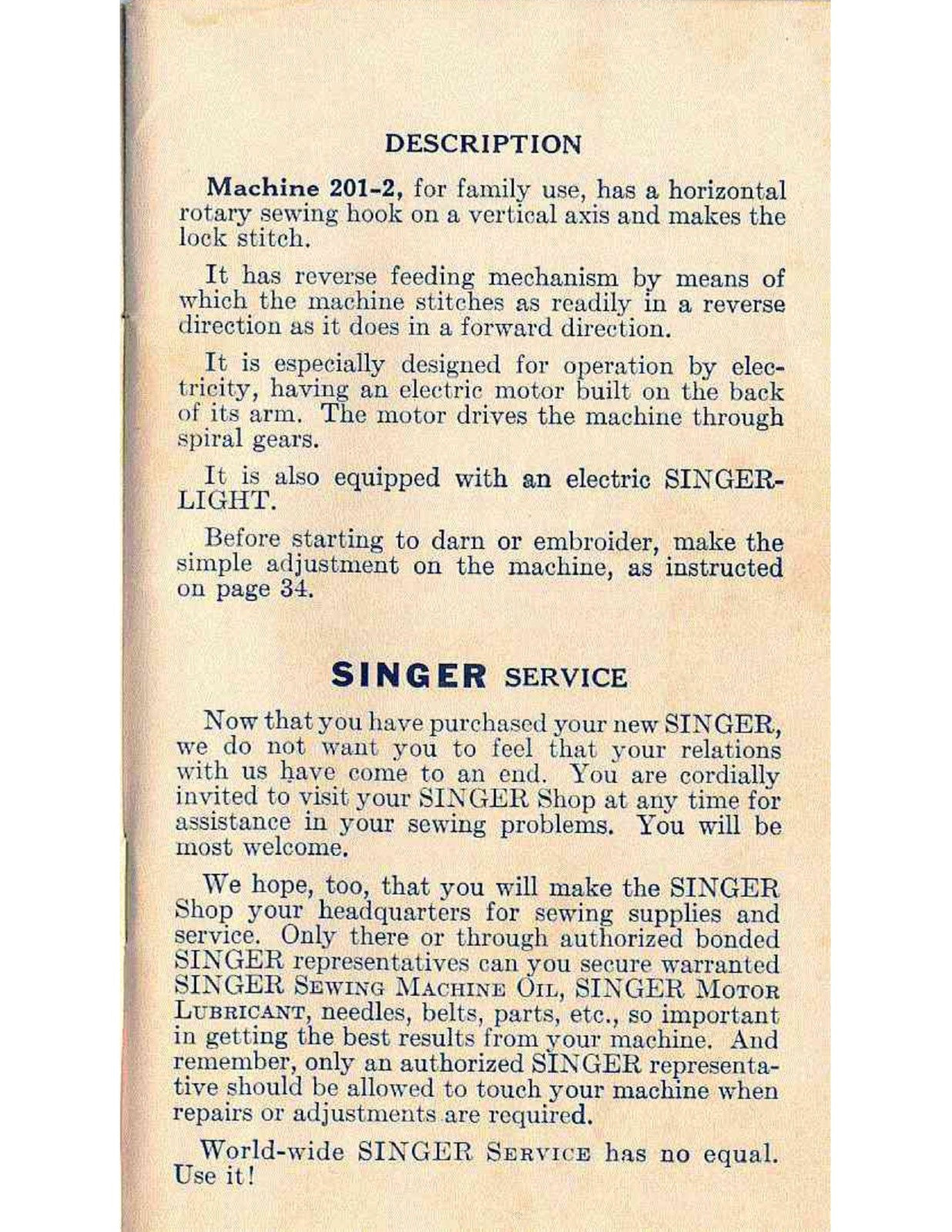 SINGER 201-2 Electric Sewing Machine Instructions For Using Manual - WIRE BOUND