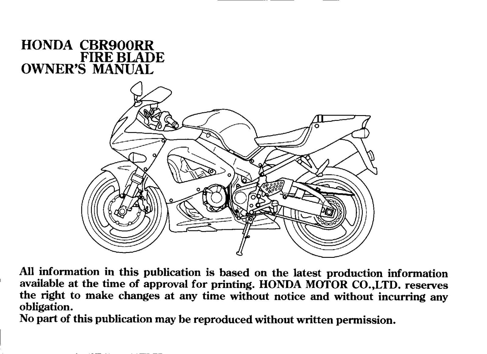HONDA CBR900RR Fire Blade Owners Manual 2000 - BOUND - COVERS - XL FOLDOUT PAGES