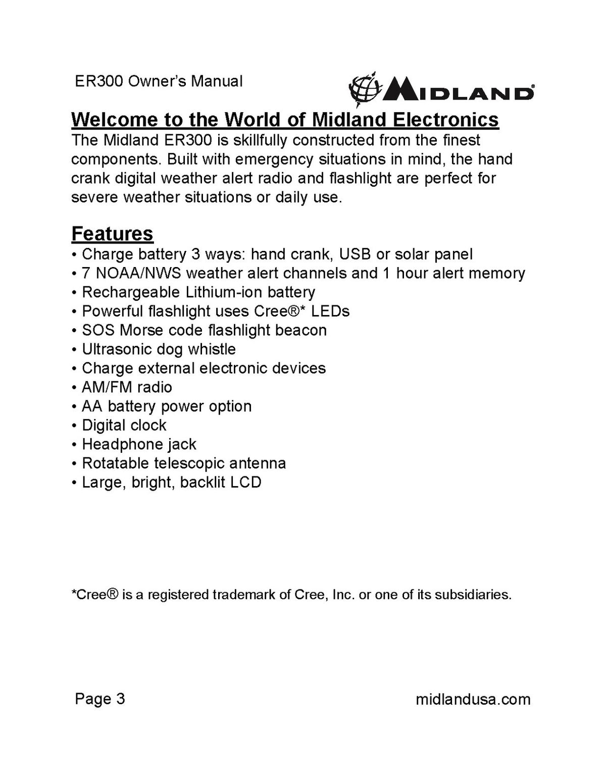 MIDLAND ER300 Emergency Crank Digital Weather Alert Radio Owners Manual - BOUND